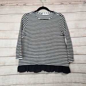 VINEYARD VINES Black White Striped Ruffle Bottom Top Long Sleeve Size XS